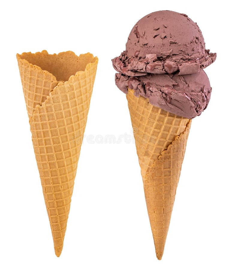 chocolate ice cream in the cone and blank crispy ice cream cone isolated on white background. chocolate ice cream in the cone and blank crispy ice cream cone isolated on white background.