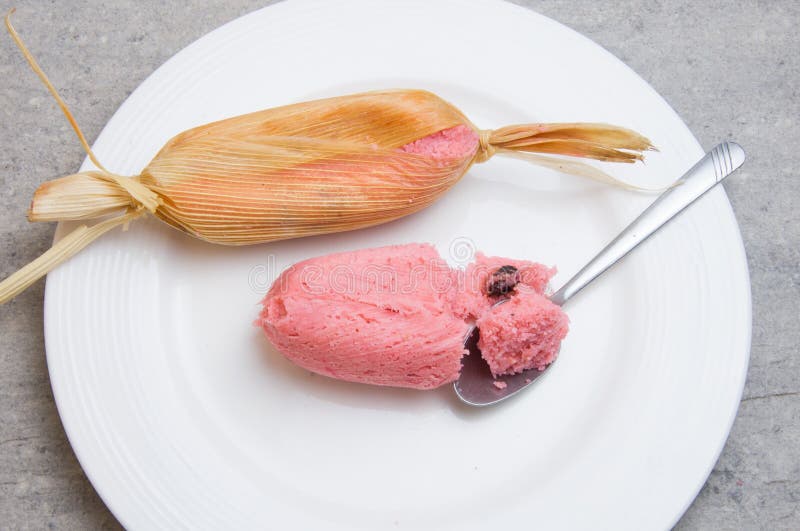 Sweet Pink Mexican Tamales Filed Corn Dough, Food in Mexico Fotografia