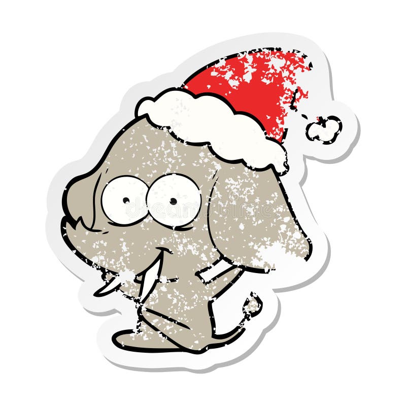 A creative illustrated happy distressed sticker cartoon of a elephant wearing santa hat