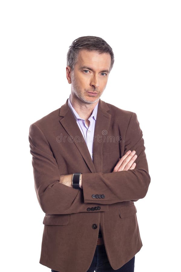 Middle aged bearded businessman on a white background wearing a brown jacket.  The mature man looks like a confident or arrogant business executive
