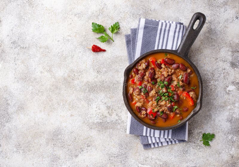 Traditional Mexican dish chili con carne in pan. Traditional Mexican dish chili con carne in pan