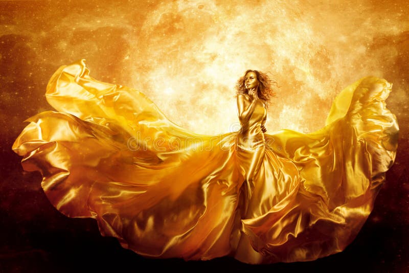 Fashion Model Gold Color Skin, Fantasy Woman Beauty in Artistic Waving Dress, Flying Fluttering Silk Art Gown. Fashion Model Gold Color Skin, Fantasy Woman Beauty in Artistic Waving Dress, Flying Fluttering Silk Art Gown