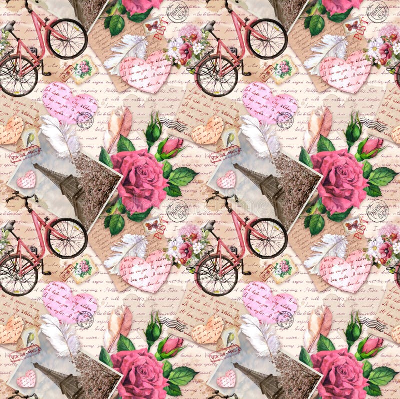 Hand written text, notes, hearts, bicycle with flowers in basket, vintage photo of Eiffel Tower, rose flowers, postal stamps, feathers, old paper texture. Seamless pattern about love, France and Paris