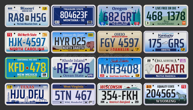 Car number plates vector design with USA vehicle license registration plates of auto, motorcycle and truck. Road transport metal signs of Texas, New Mexico, Oregon, Ohio and Dakota american states. Car number plates vector design with USA vehicle license registration plates of auto, motorcycle and truck. Road transport metal signs of Texas, New Mexico, Oregon, Ohio and Dakota american states