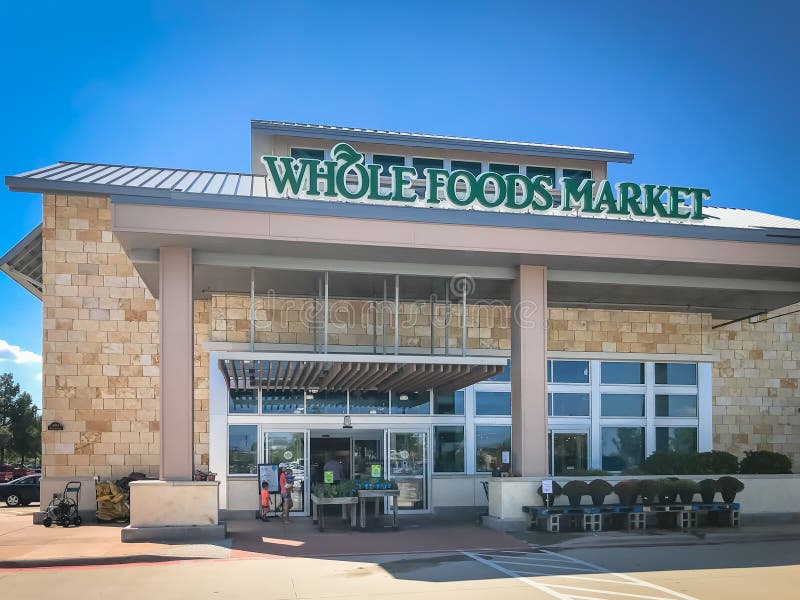 HIGHLAND VILLAGE, TX, US-OCT 2, 2019: Entrance to Whole Foods store at Highland Village, a suburb of Dallas. They sell products free from hydrogenated fats and artificial colors, flavors, and preservatives