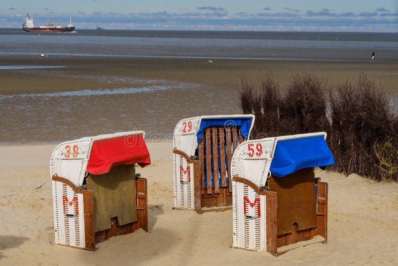 Cuxhaven, Germany October 06 2019 Roofed Wicker Beach Chair on the