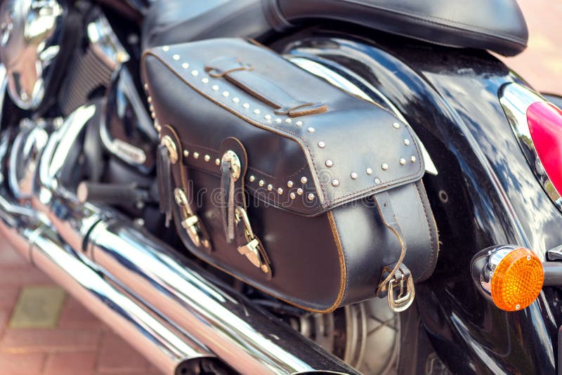 Motorcycle rear and side view black leather bag with rivets for travel Luggage. R r