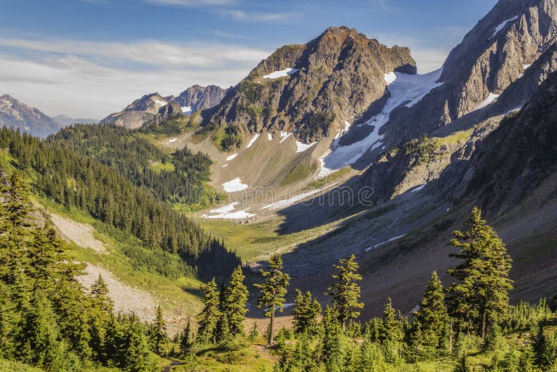 Overlooking Cascade Pass from the hiking trail at North Cascades National Park, Washington. Overlooking Cascade Pass from the hiking trail at North Cascades National Park, Washington