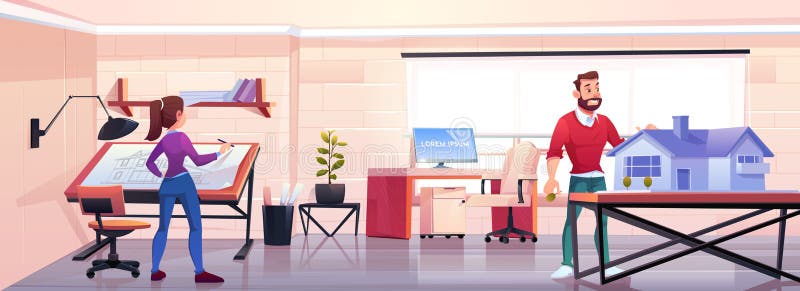 Arquitetos a trabalhar no escritório, projeto de construção ilustração stock