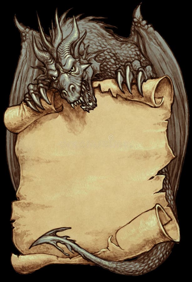 A gray winged dragon holding an ancient paper scroll with his claws - fantasy art illustration. A gray winged dragon holding an ancient paper scroll with his claws - fantasy art illustration