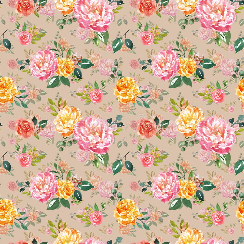 Vintage Wasserfarben nahtlose Muster Handgestrichene, rosa und gelbe Blumen auf warmen beigen Untergründen Botanischer Ausdruck stock abbildung Vintage Wasserfarben nahtlose Muster Handgestrichene, rosa und gelbe Blumen auf warmen beigen Untergründen Botanischer Ausdruck stock abbildung