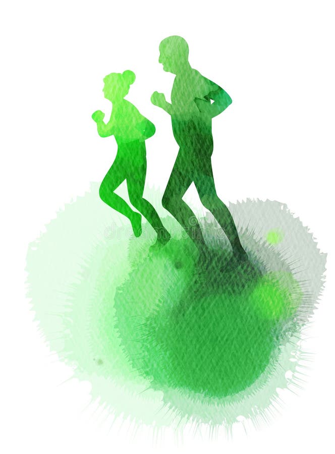 Äldre hälsologotyp Grupp av sensorer som kör silhuett på vattenfärgsbakgrund Digitalkonsmålning stock illustrationer
