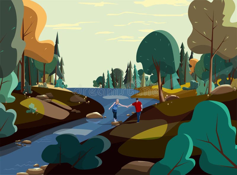 Natuurvector, bosbehang landschap, wandelend stel jonge man en vrouw royalty-vrije illustratie