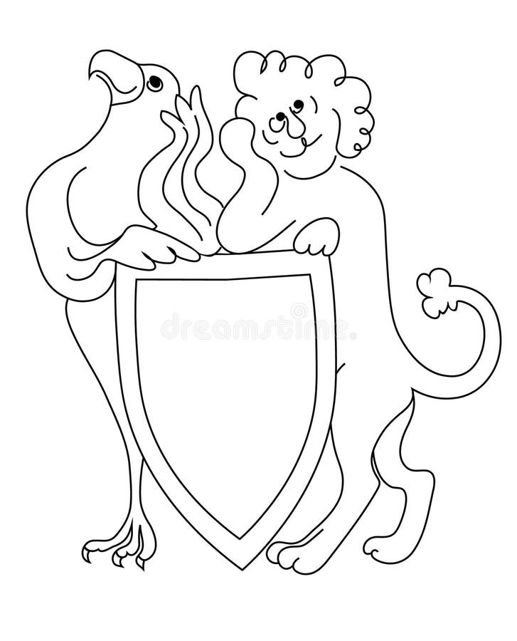 Not serious lion and eagle hold the coat of arms. Vector black and white image. Not serious lion and eagle hold the coat of arms. Vector black and white image.