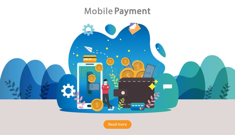 concept voor mobiele betaling of overschrijving E-commerce markt shopping online illustratie met minuscuul personage sjabloon voo royalty-vrije illustratie concept voor mobiele betaling of overschrijving E-commerce markt shopping online illustratie met minuscuul personage sjabloon voo royalty-vrije illustratie