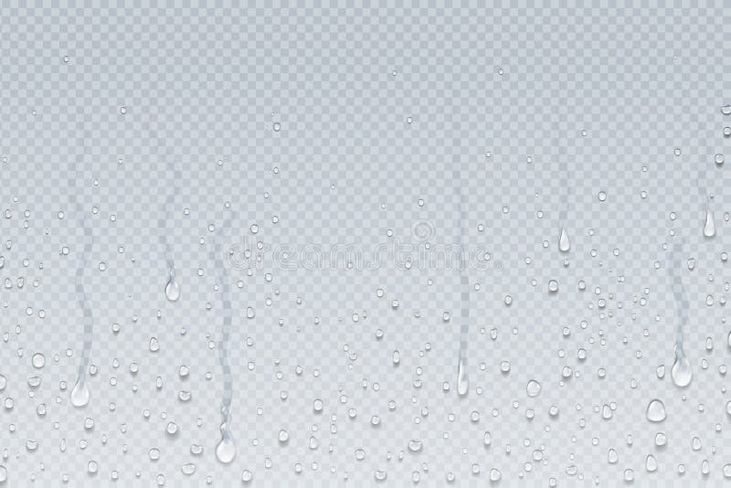 Water drops background. Shower steam condensation drips on transparent glass, rain drops on window. Vector realistic shower water drops. Water drops background. Shower steam condensation drips on transparent glass, rain drops on window. Vector realistic shower water drops