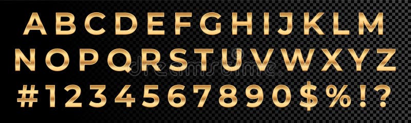 Golden font numbers and letters alphabet typography. Vector gold font type with 3d metal gold effect. Golden font numbers and letters alphabet typography. Vector gold font type with 3d metal gold effect