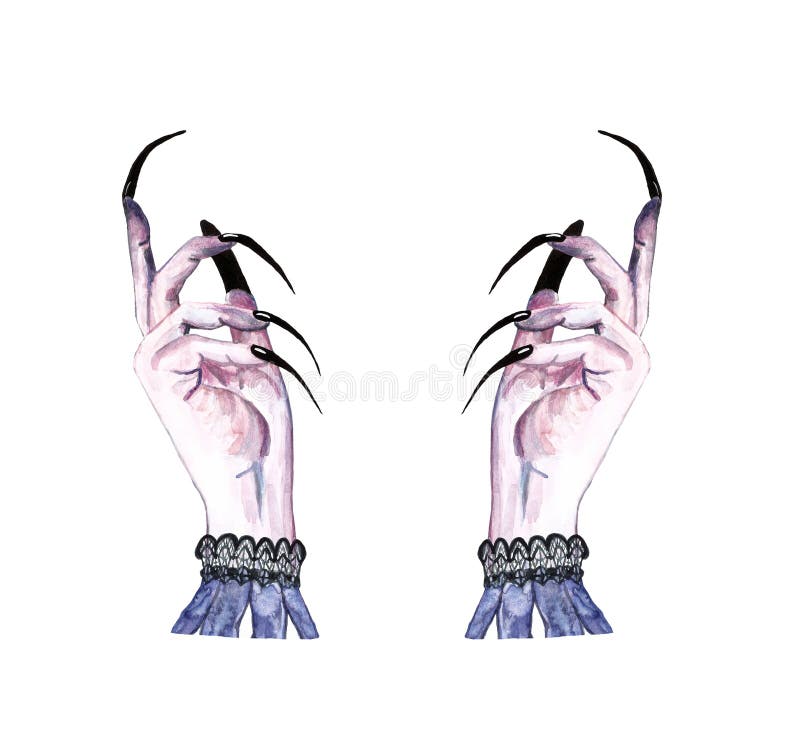 Watercolor witchcraft scary illustration with women`s hands with long black nails, isolated. Hand painted hands clipart. For Halloween cards design, banners, covers, invitations, art prints, textile. Watercolor witchcraft scary illustration with women`s hands with long black nails, isolated. Hand painted hands clipart. For Halloween cards design, banners, covers, invitations, art prints, textile