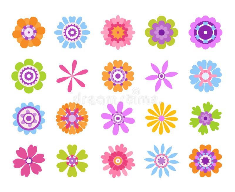 Icone del fiore del fumetto Autoadesivi girly svegli di estate, insieme moderno dell'icona di clipart dei fiori Grafico grazioso royalty illustrazione gratis Icone del fiore del fumetto Autoadesivi girly svegli di estate, insieme moderno dell'icona di clipart dei fiori Grafico grazioso royalty illustrazione gratis