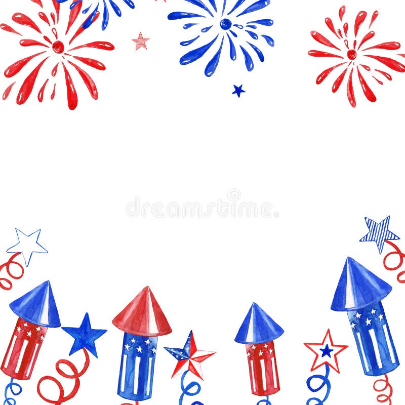 Independence day and July Fourth firework streamers banner with blank space for text. Watercolor hand painted red and blue salute, stars, isolated on white background. Festive decor for patriotic parties, celebrating US nation`s birthday. Independence day and July Fourth firework streamers banner with blank space for text. Watercolor hand painted red and blue salute, stars, isolated on white background. Festive decor for patriotic parties, celebrating US nation`s birthday.