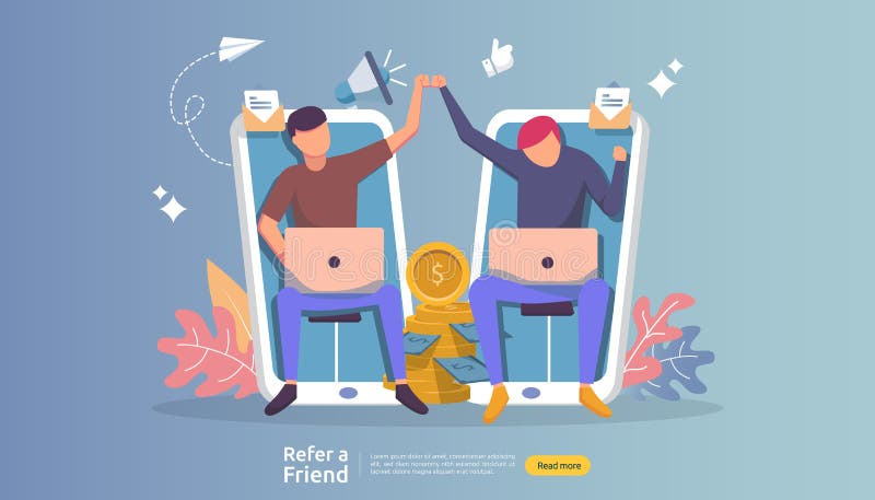 référez-vous une association de filiale d'ami et gagnez l'argent stratégie de commercialisation de concept caractère de personnes illustration de vecteur référez-vous une association de filiale d'ami et gagnez l'argent stratégie de commercialisation de concept caractère de personnes illustration de vecteur