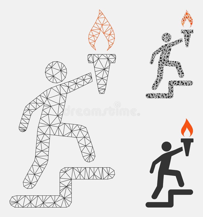 Mesh leader climb with torch model with triangle mosaic icon. Wire carcass triangular mesh of leader climb with torch. Vector mosaic of triangle elements in variable sizes, and color tinges.