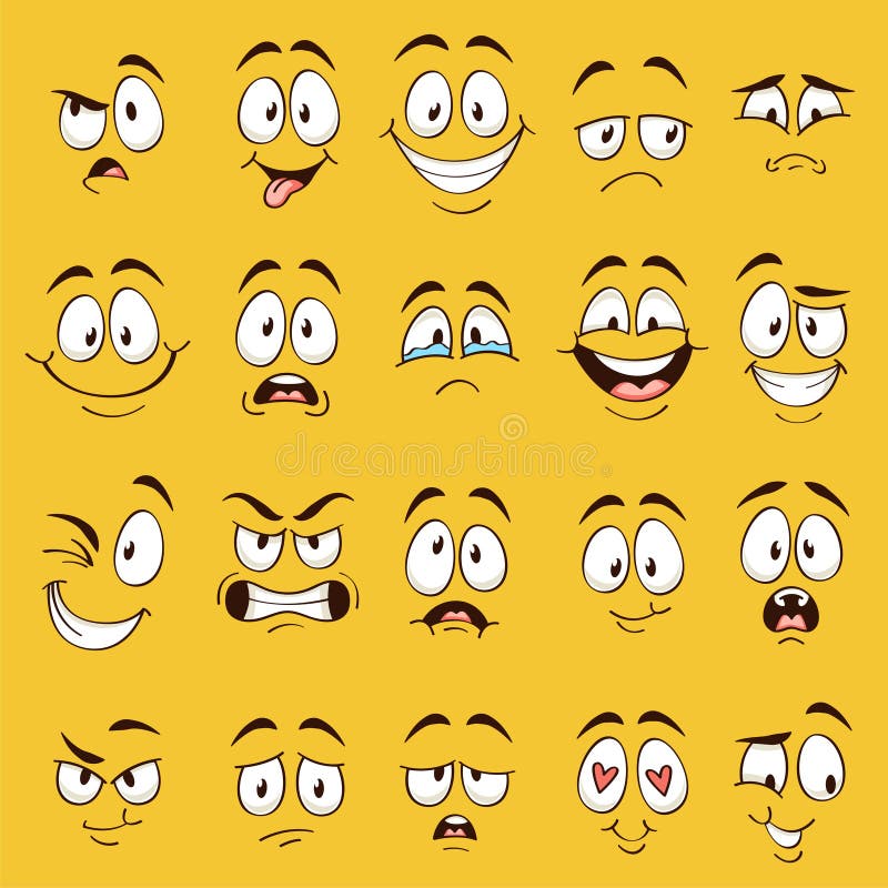 Cartoon-Gesichter Gesichtsausdrücke, Karikaturen-Emotionen Cute-Charakter mit verschiedenen ausdrucksstarken Augen und Mund