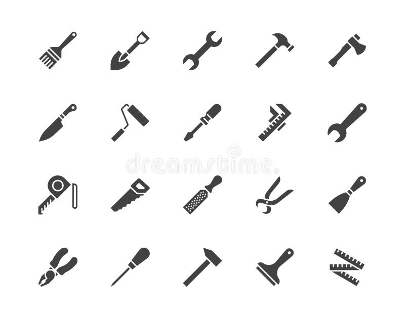 Construction tools flat glyph icons set. Hammer, screwdriver, saw, spanner, paintbrush vector illustrations. Black signs for carpenter, builder equipment store. Silhouette pictogram pixel perfect 64x64. Construction tools flat glyph icons set. Hammer, screwdriver, saw, spanner, paintbrush vector illustrations. Black signs for carpenter, builder equipment store. Silhouette pictogram pixel perfect 64x64