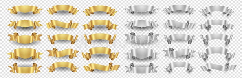 Ribbon banners. Gold silver ribbons vector set. Metallic banners isolated on transparent background. Illustration ribbon gold and silver design decoration. Ribbon banners. Gold silver ribbons vector set. Metallic banners isolated on transparent background. Illustration ribbon gold and silver design decoration