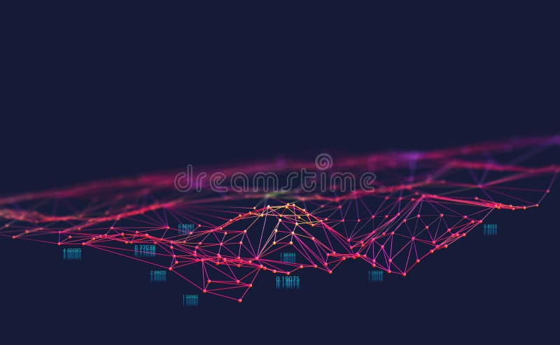 Big data. Neural network and artificial intelligence 3D illustration. Polygonal mesh with shallow depth of field effect on a dark background. Big data. Neural network and artificial intelligence 3D illustration. Polygonal mesh with shallow depth of field effect on a dark background