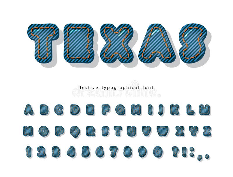 Texas denim modernt teckensnitt Jeans texture dekorative alphabet Kartoon 3d ABC-bokstäver och siffror Vector vektor illustrationer