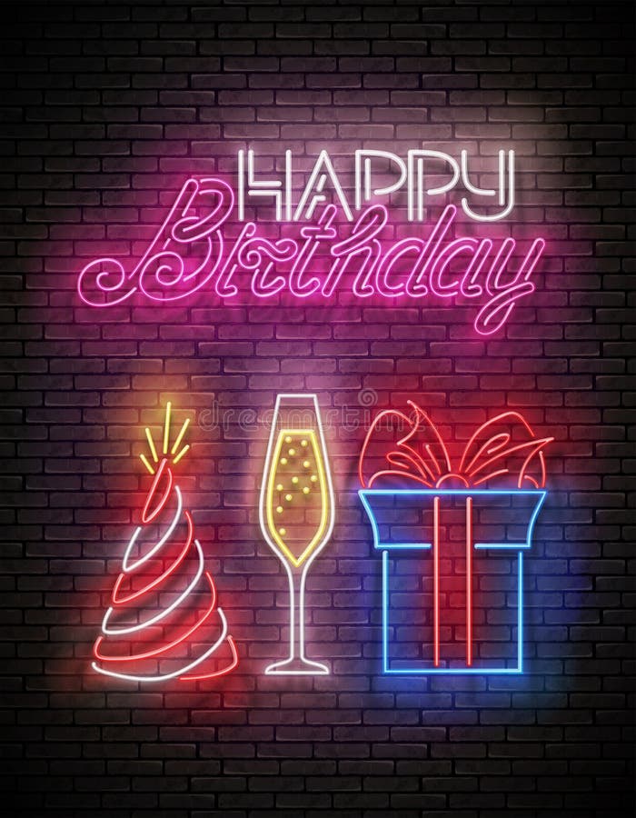 Glow Greeting Card with Gift, Champagne, Holiday Hat and Happy Birthday Inscription. R r o r :