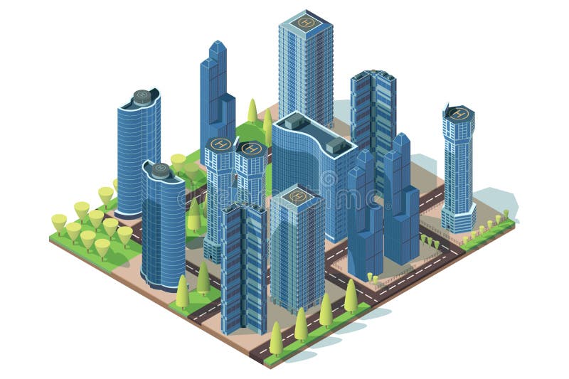 Big business quarter with streets, alley, skyscrapers and helipad. Concept working district. Low poly. Isometric 3d illustration. Big business quarter with streets, alley, skyscrapers and helipad. Concept working district. Low poly. Isometric 3d illustration.