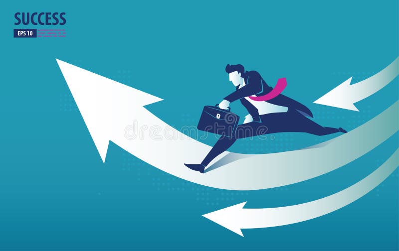 Conceito de seta comercial com o empresário a saltar para o sucesso aumentar o gráfico aumentar as vendas de lucros e o investime ilustração royalty free Conceito de seta comercial com o empresário a saltar para o sucesso aumentar o gráfico aumentar as vendas de lucros e o investime ilustração royalty free
