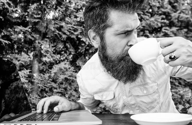 Caffeine booster for productivity. Blogger freelance editor. Workaholic stereotype. Drink coffee work faster. Bearded man freelance worker. Remote job. Freelance professional occupation. Online blog. Caffeine booster for productivity. Blogger freelance editor. Workaholic stereotype. Drink coffee work faster. Bearded man freelance worker. Remote job. Freelance professional occupation. Online blog.