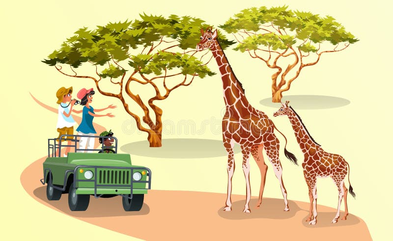 Família de desenhos animados feliz a olhar para uma girafa alta e bonita ilustração royalty free