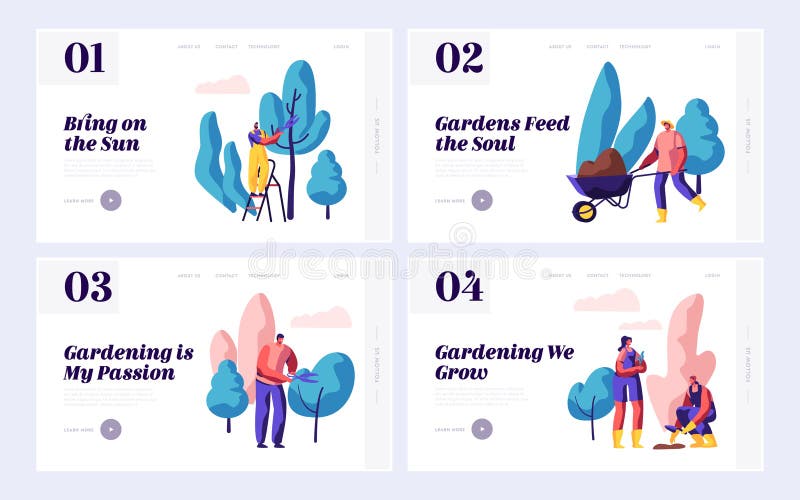 Página inicial do Conjunto de Jardins Naturais Plantando Árvore vegetal feminina com pá Gardening Man com Secateurs, Wheelbarrow ilustração do vetor Página inicial do Conjunto de Jardins Naturais Plantando Árvore vegetal feminina com pá Gardening Man com Secateurs, Wheelbarrow ilustração do vetor