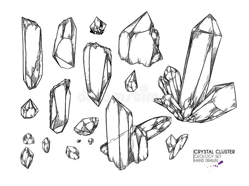 Cluster di cristalli disegnati a mano Figura minerale vettoriale Ametisma o quarzo Gem naturale isolata Set di geologia