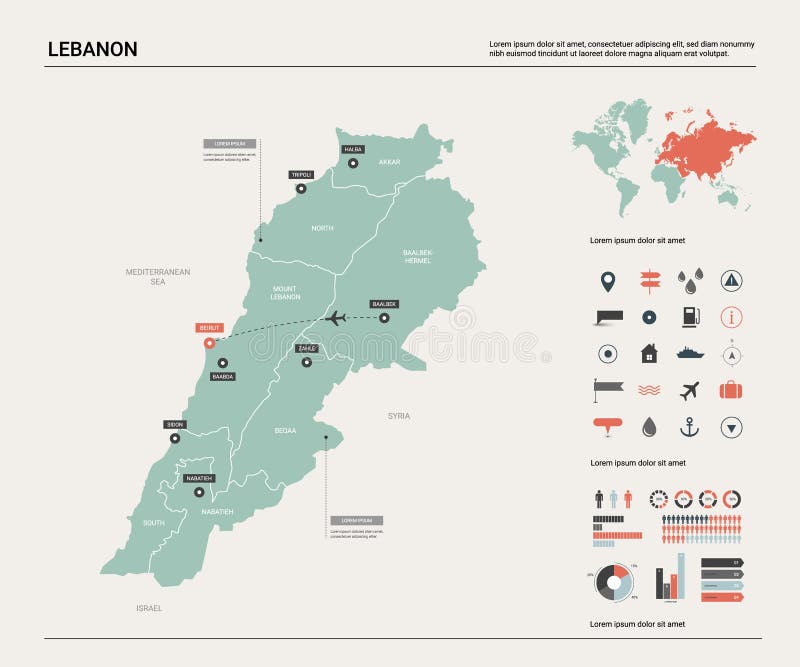 Mapa wektorowa Libanu Wysoko szczegółowa mapa kraju z podziałem, miastami i stolicą Bejrutu Mapa polityczna, mapa świata, infogra ilustracji Mapa wektorowa Libanu Wysoko szczegółowa mapa kraju z podziałem, miastami i stolicą Bejrutu Mapa polityczna, mapa świata, infogra ilustracji