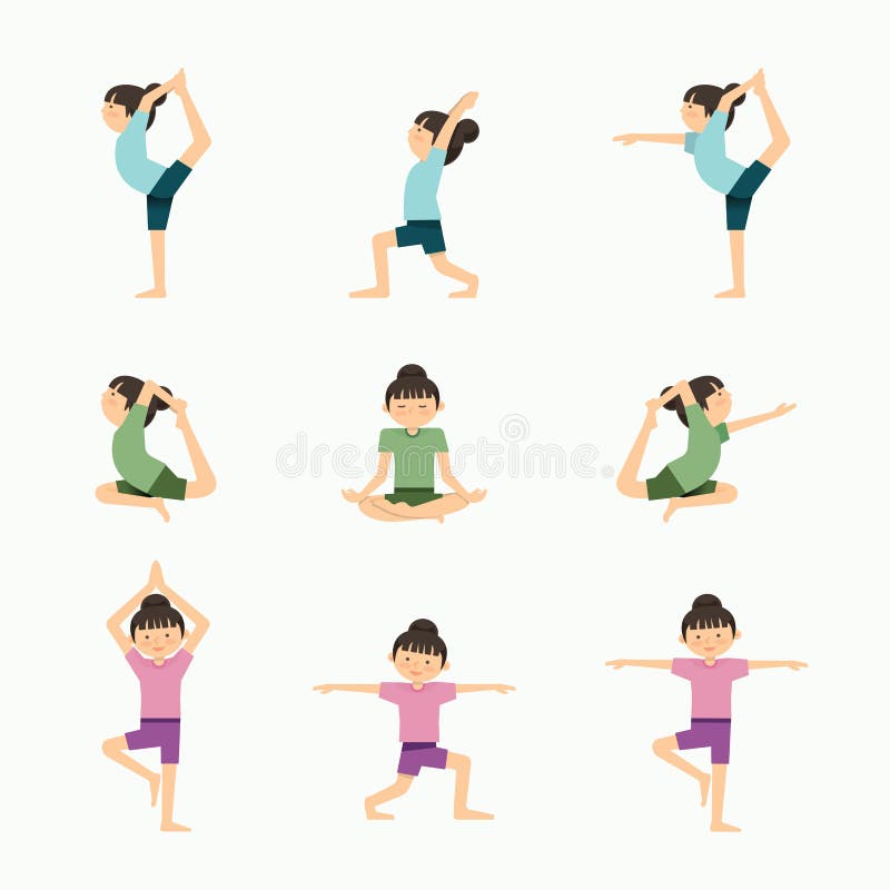 Ilustración del conjunto de yoga vector. ejercicios de yoga para chicas. en la lección stock de ilustración