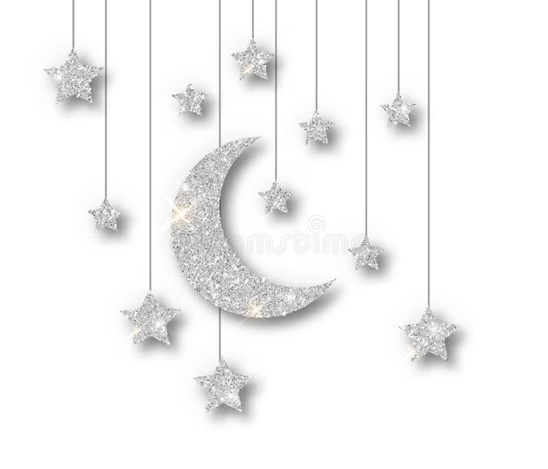 Decoração de prata Ramadã isolada sobre fundo branco Estrelas do brilho islâmico crescente Projeto Ramadã Kareem ilustração do vetor Decoração de prata Ramadã isolada sobre fundo branco Estrelas do brilho islâmico crescente Projeto Ramadã Kareem ilustração do vetor