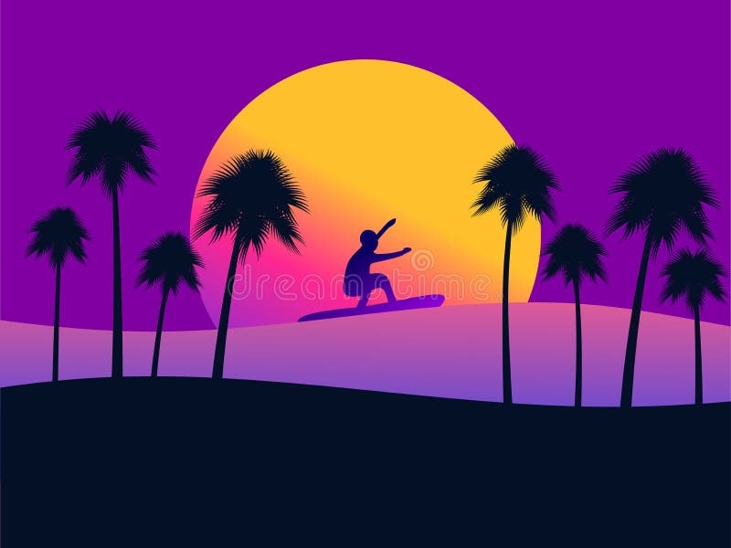 Fondo di estate con le palme e di un surfista su un fondo di tramonto Pendenza gialla e porpora Vettore illustrazione vettoriale Fondo di estate con le palme e di un surfista su un fondo di tramonto Pendenza gialla e porpora Vettore illustrazione vettoriale