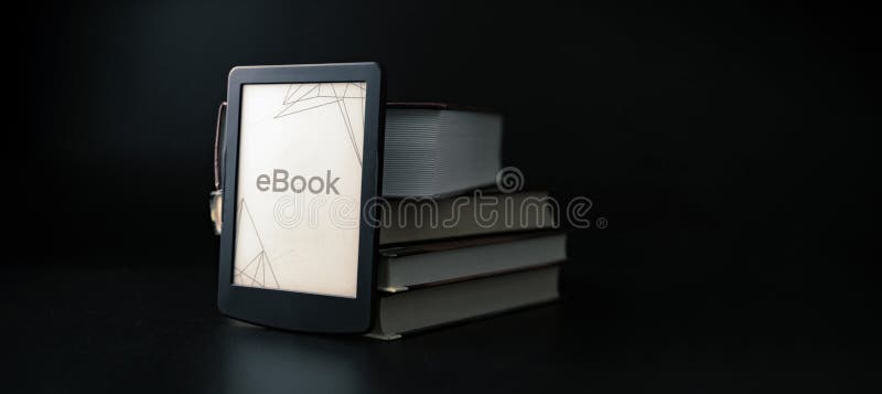 E reader. Digital e book, library reader tablet with books on dark background. Online education course, E learning class and ebook digital technology concept