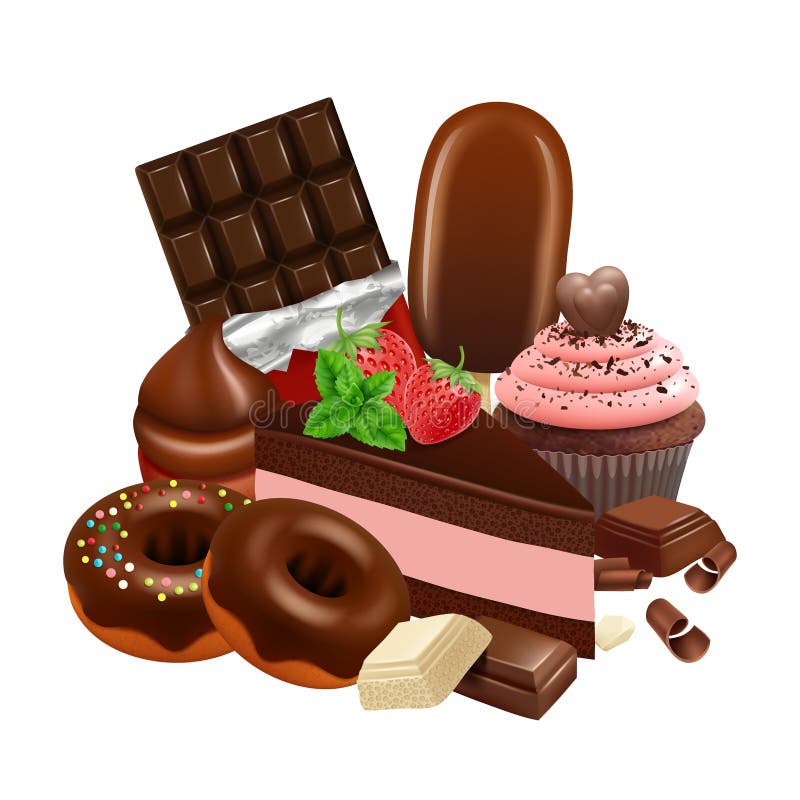 E Realistischer kleiner Kuchen, Kuchen, glasig-glänzende Schaumgummiringe, Schokoriegel-Vektorillustration stock abbildung E Realistischer kleiner Kuchen, Kuchen, glasig-glänzende Schaumgummiringe, Schokoriegel-Vektorillustration stock abbildung