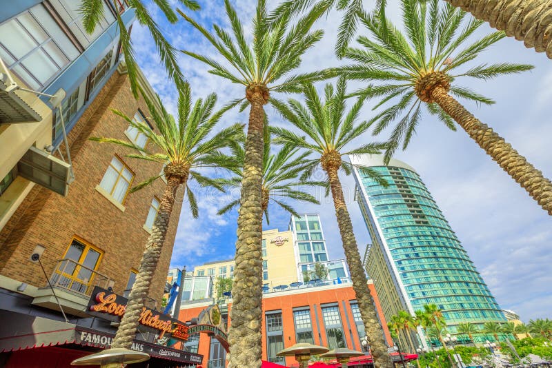 San Diego, California, United States - July 31, 2018: bottom view of entrance sign to Gaslamp Quarter, a Historic Victorian District of San Diego Downtown. Urban street city with palm trees.