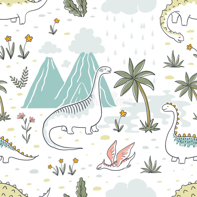 E Sömlöst textildraketryck, moderiktig barnslig tygbakgrund, tecknad filmdinosaurier vektor royaltyfri illustrationer