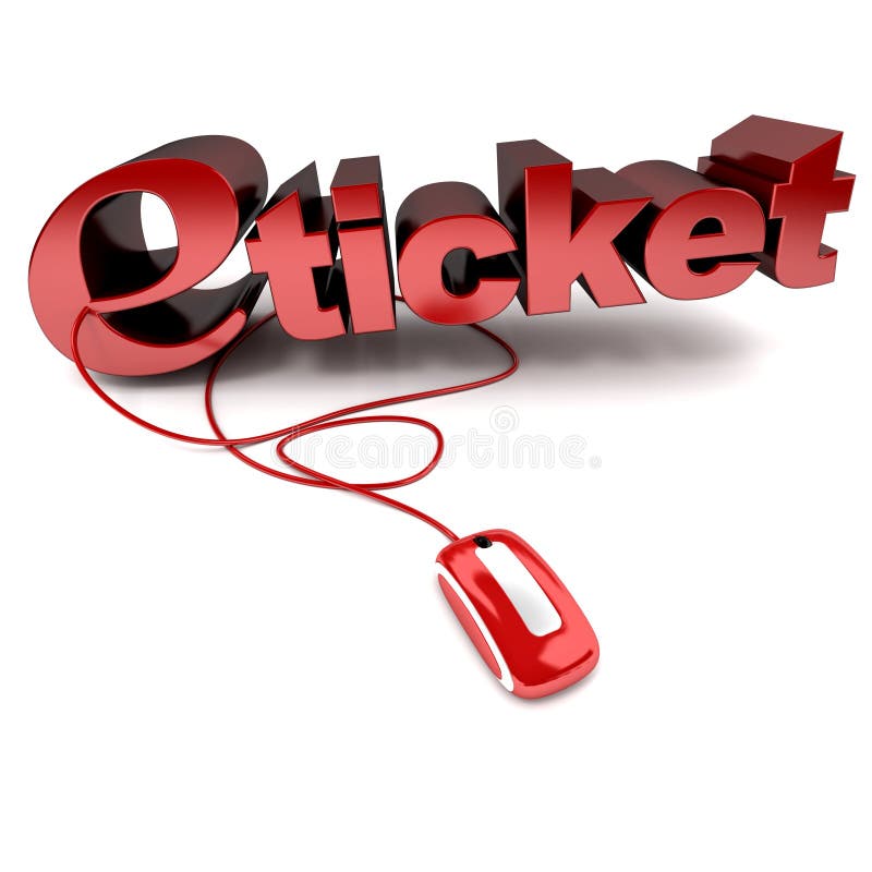 Red and white 3D illustration of the word e-ticket connected to a computer mouse