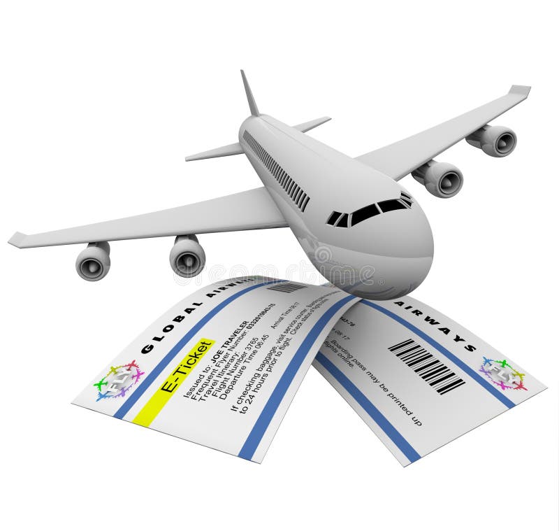 Two e-tickets and an airplane, symbolizing air travel. Two e-tickets and an airplane, symbolizing air travel