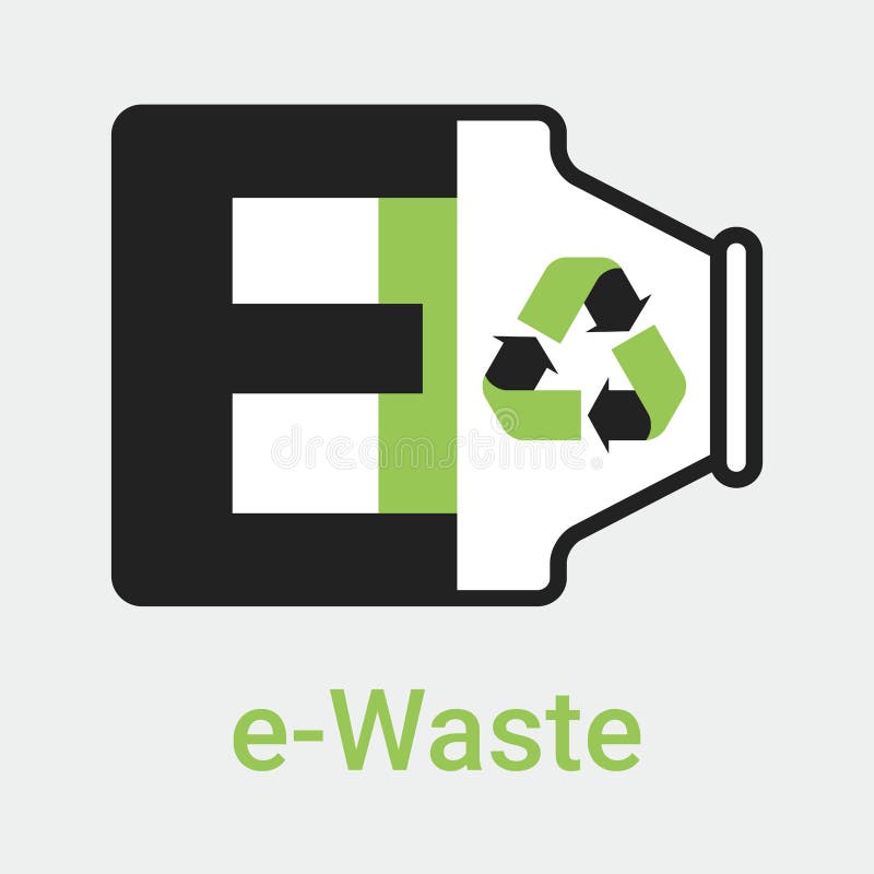 E-waste garbage icon. Old discarded electronic waste to recycling symbol. Ecology concept. Design by letter E with plug in and royalty free illustration