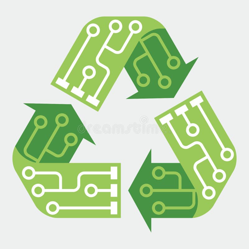 E-waste garbage icon. Old discarded electronic waste to recycling symbol. Ecology concept. Design by recycle sign with circuit royalty free illustration